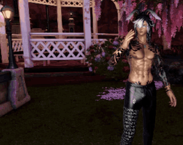 a man with a tattoo on his chest stands in front of a gazebo with flowers