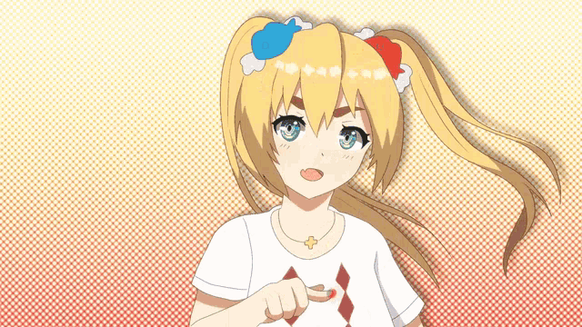 a girl in a white shirt with a cross on it is pointing at something