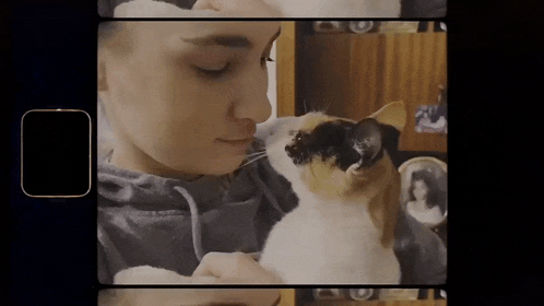 a woman is petting a calico cat with a square frame in the background