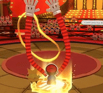a cartoon character is playing a video game with a glove on
