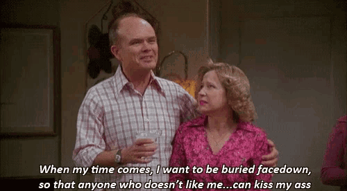 a man and woman are standing next to each other and the man says " when my time comes i want to be buried facedown