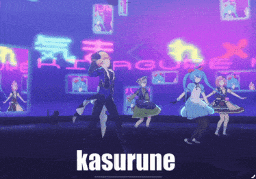 a group of anime characters are dancing in front of a screen that says kasurune