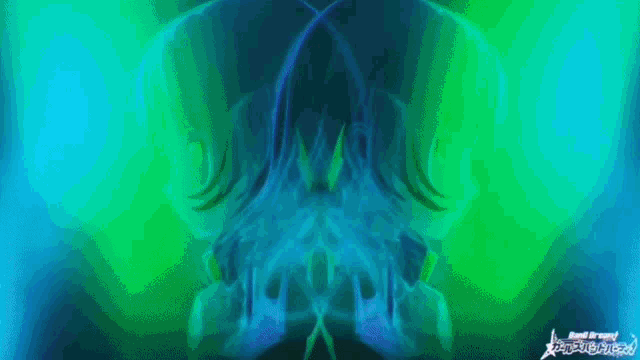 a person is standing in a dark room with a blue and green light behind them .