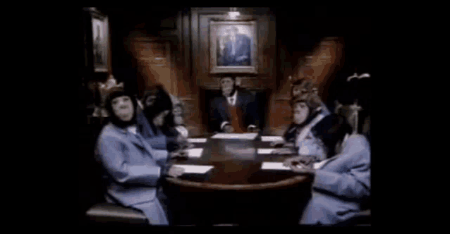 a group of monkeys are sitting around a conference table