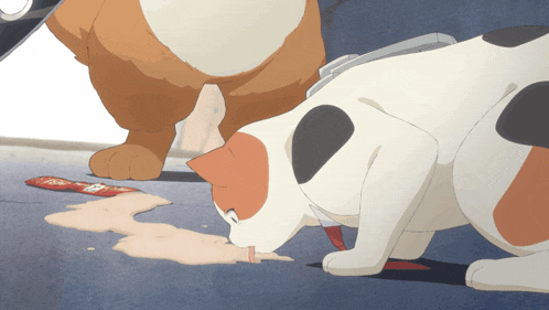 a cartoon drawing of a cat drinking from a puddle of liquid