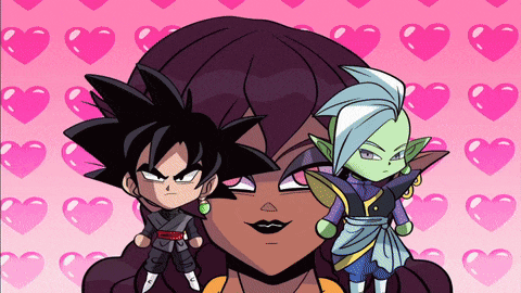 a cartoon drawing of a girl and two cartoon characters with pink hearts in the background