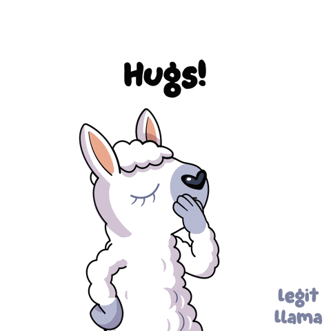 a cartoon llama blowing a kiss with the words hugs behind it