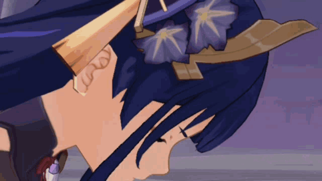 a close up of a cartoon character 's face with a purple flower in her hair