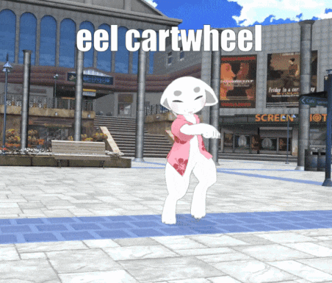 a cartoon character dancing in front of a building that says screen on it