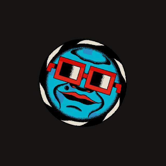 a cartoon illustration of a blue face with red square glasses