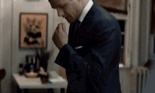 a man in a suit and tie adjusts his jacket