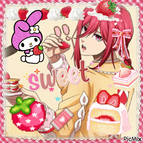 a picture of a girl eating a strawberry with the word sweet written on the bottom