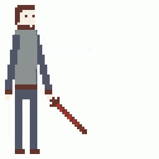 a pixel art illustration of a man holding a red scythe .