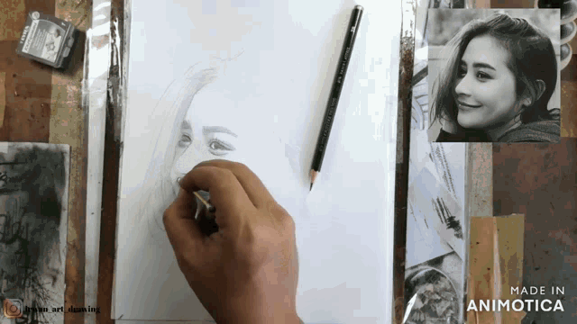a person is drawing a woman 's face with a pencil on a piece of paper made in animatica