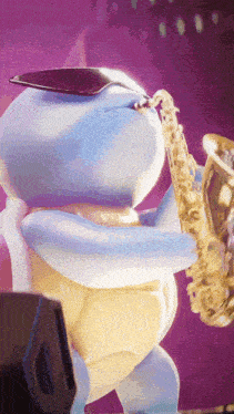 a cartoon character is playing a saxophone in front of a purple background