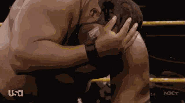 two men hugging in a wrestling ring with the usa logo in the corner