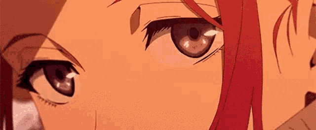 a close up of a person 's eyes with a red haired girl .
