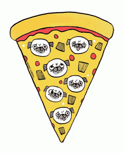 a slice of pizza with a pug face on it