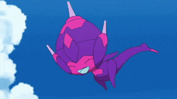 a pink and purple cartoon character is flying through the air