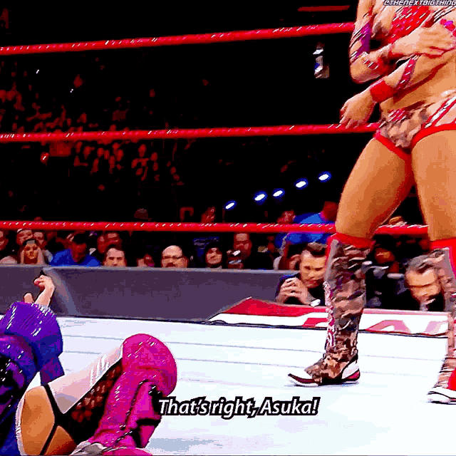 a woman in a wrestling ring says " that 's right asuka "