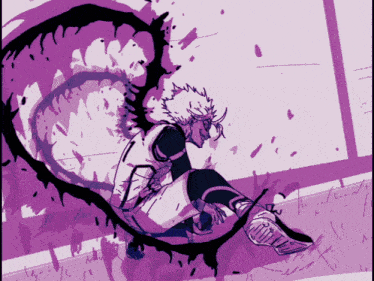 a purple and black drawing of a person with a purple background