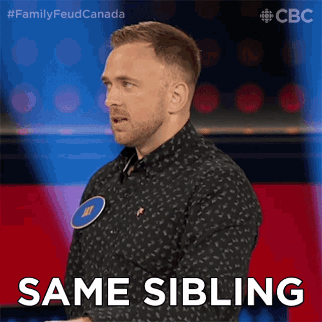 a man with a name tag that says jay stands in front of a screen that says same sibling
