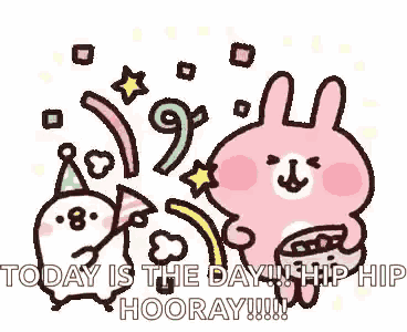 a couple of rabbits are standing next to each other with a party hat on .