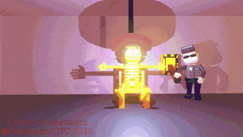 a pixel art drawing of a skeleton and a police officer