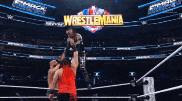 two wrestlers are in a wrestling ring with a wrestlemania sign behind them