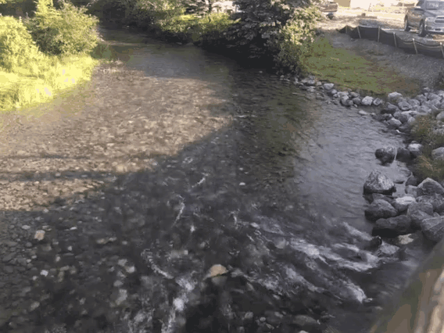 a river flowing through a rocky area with a car parked on the side
