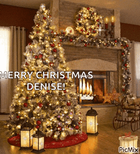 a christmas tree in front of a fireplace with the words merry christmas denise on it