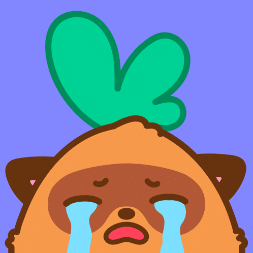 a cartoon drawing of a dog crying with a green leaf on its head