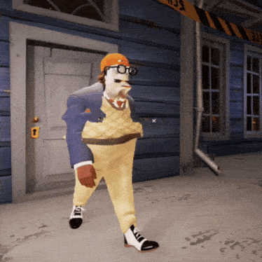 a cartoon character is walking in front of a building with a sign that says 39