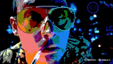 a colorful painting of a man wearing sunglasses and a cigarette with the word add at the bottom