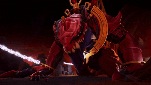 a giant red monster with purple eyes is surrounded by smaller monsters in a dark room