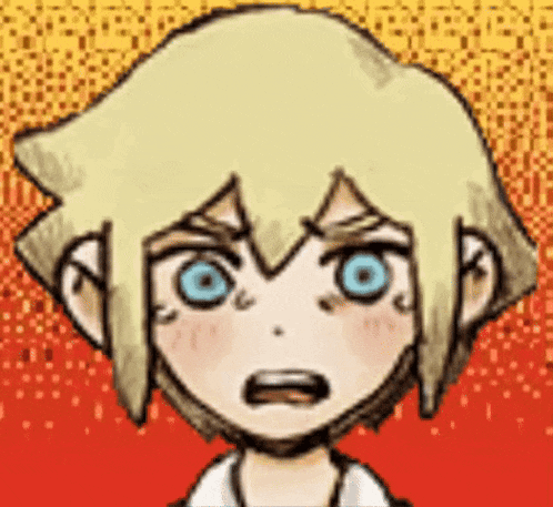 a close up of a cartoon character with yellow hair and blue eyes .