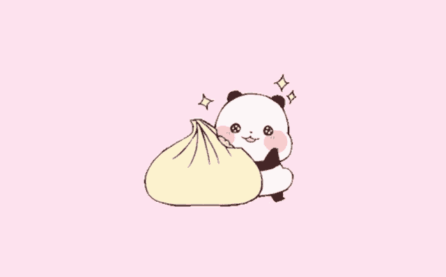 a panda bear is holding a bag of food with hearts around it