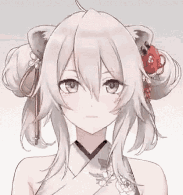 a close up of a anime girl with a bun in her hair and a flower in her hair .