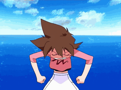a cartoon character with the letter w on his shirt is standing in front of the ocean