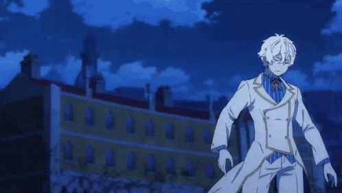 a cartoon character in a white suit stands in front of a building