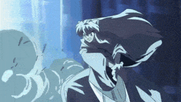 a cartoon character with long hair is holding a sword in a dark room .