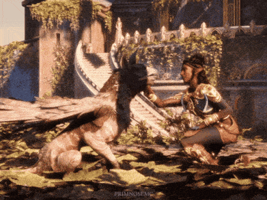 a woman petting a griffin in a video game that says primrosemc on the bottom