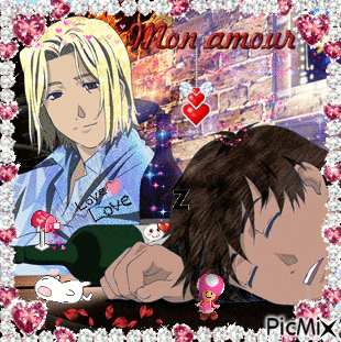 a picture of a man holding a bottle of wine with the words mon amour