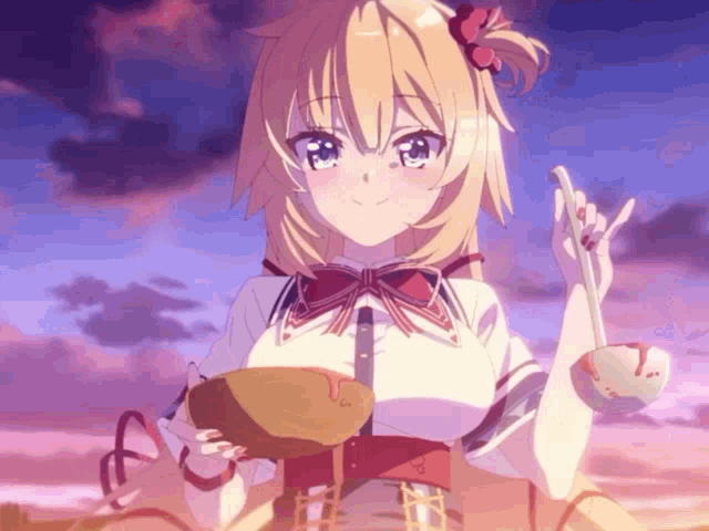 a blonde anime girl holding a ladle and a bowl