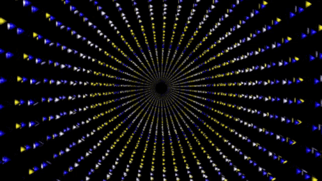 a black background with a circular pattern of yellow and blue triangles
