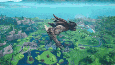 a large bird is flying over a lush green field in a video game
