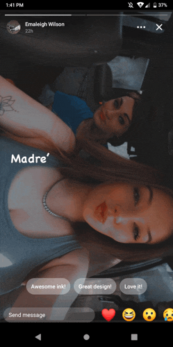 a phone screen shows a picture of two women and says emaileigh wilson in the upper right corner