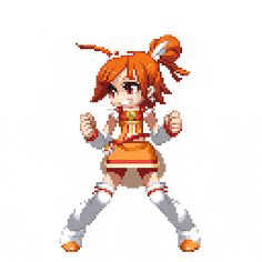 a pixel art of a girl in an orange dress and white socks standing in a fighting pose .