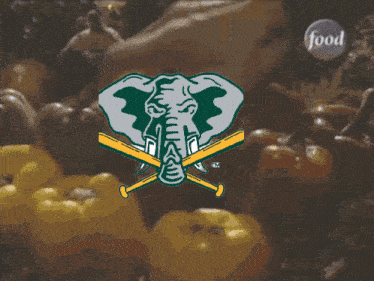 an advertisement for the oakland athletics shows a picture of an elephant with crossed bats
