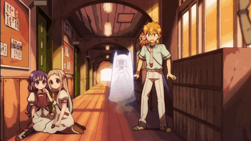 a group of anime characters standing in a hallway